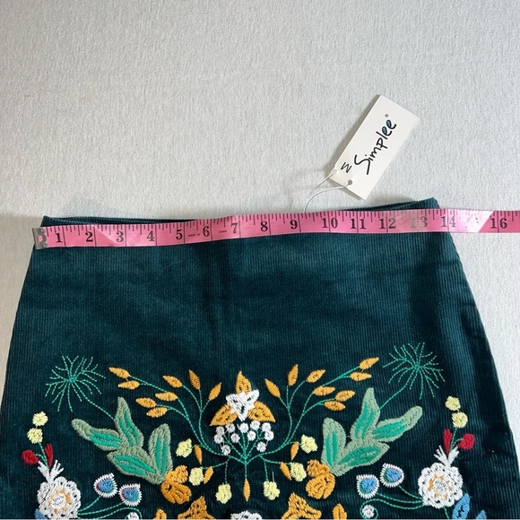 Embroidered Floral Teal Corduroy Mini Skirt by Simplee, Size Small/Medium - Picture 4 of 7
